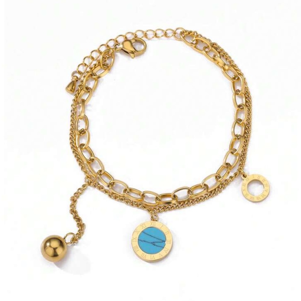 Gold plated stainless steel layered Roman numeral bracelet with charms